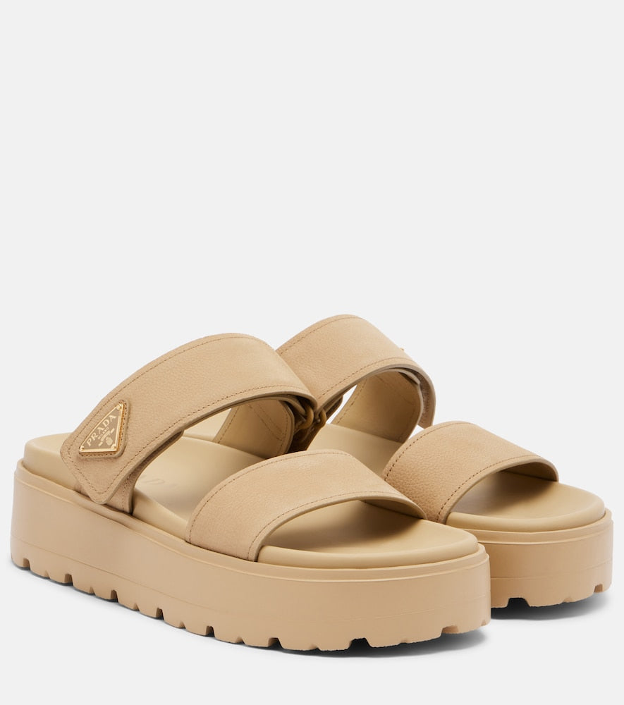 Prada Leather platform sandals (Beige) - Slides