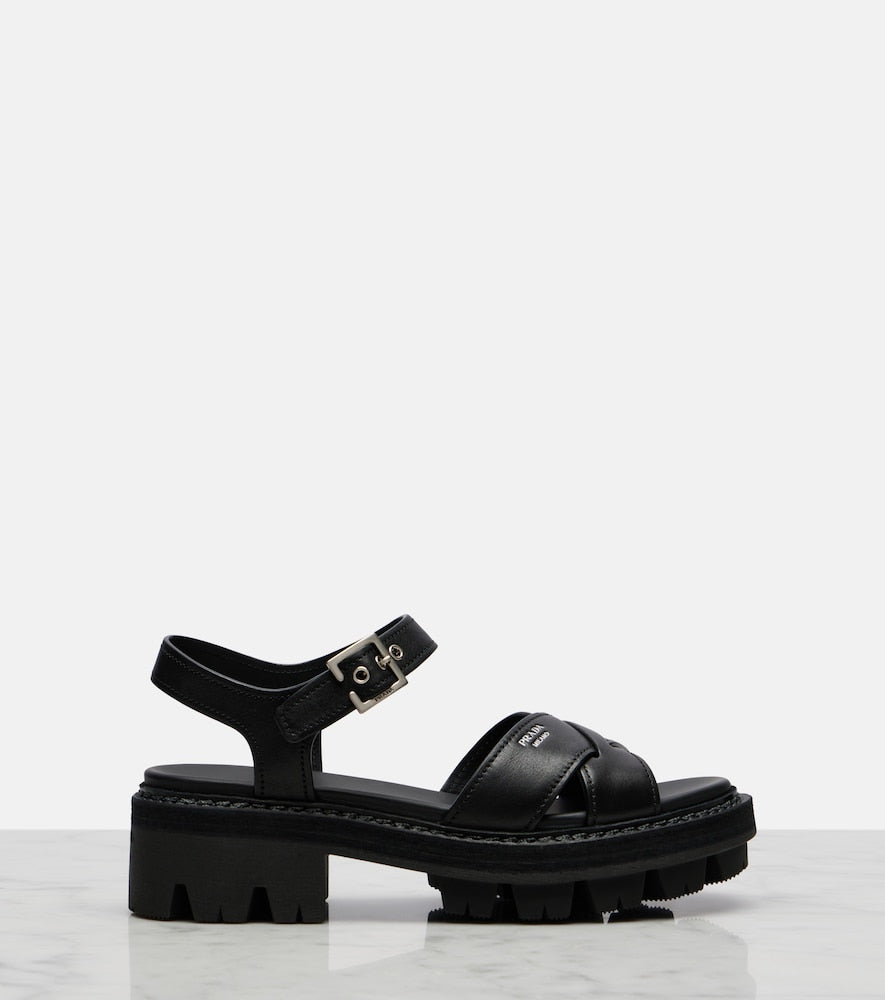 Black Prada Leather sandals - Mid Heel Sandals