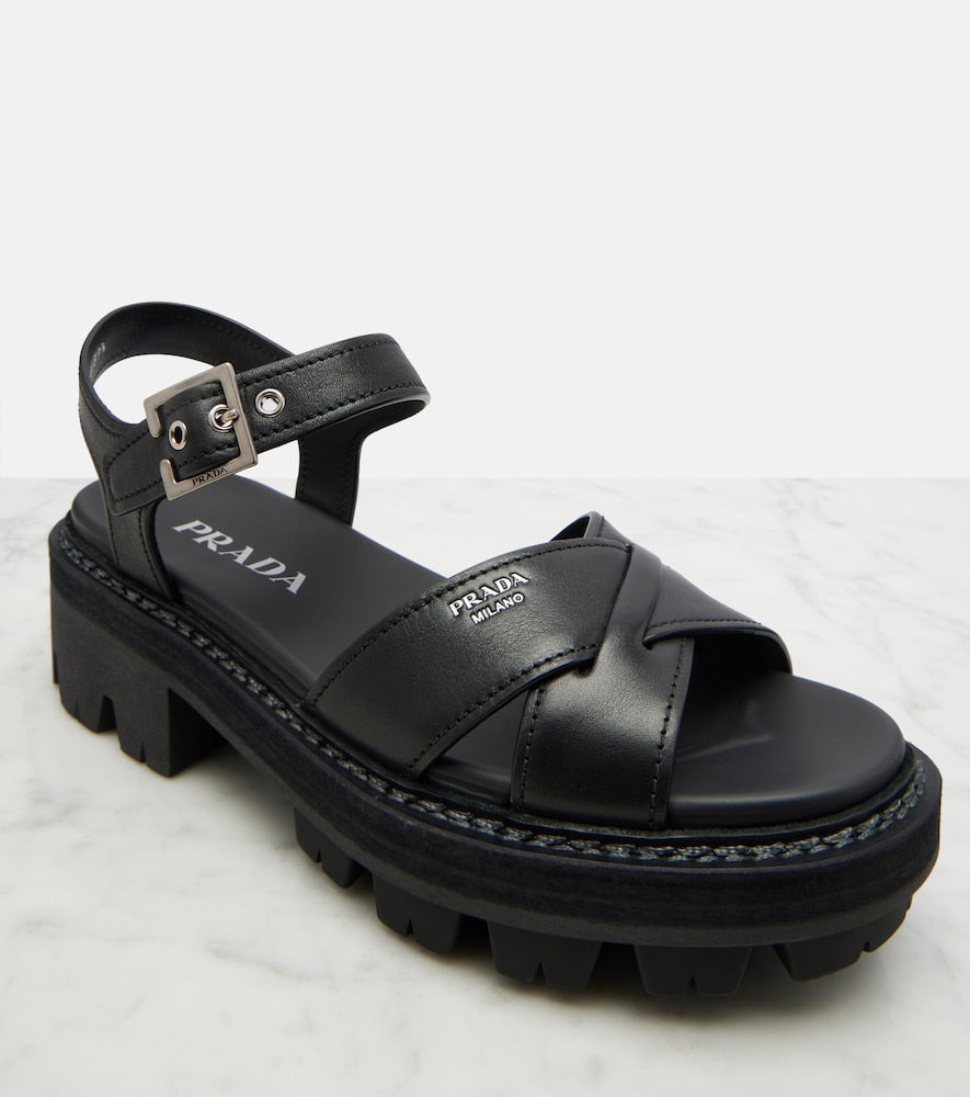 Black Prada Leather sandals - Mid Heel Sandals