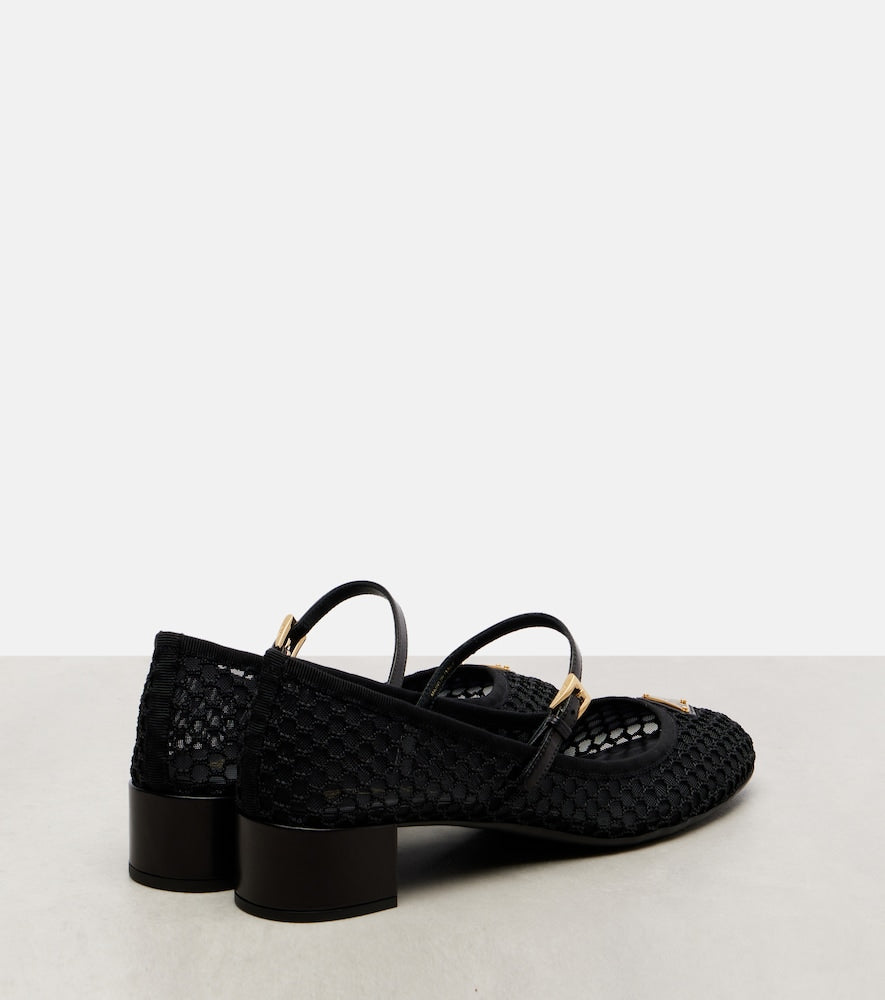 Prada Leather-trimmed mesh Mary Jane pumps (Black) - Mid Heel Pumps