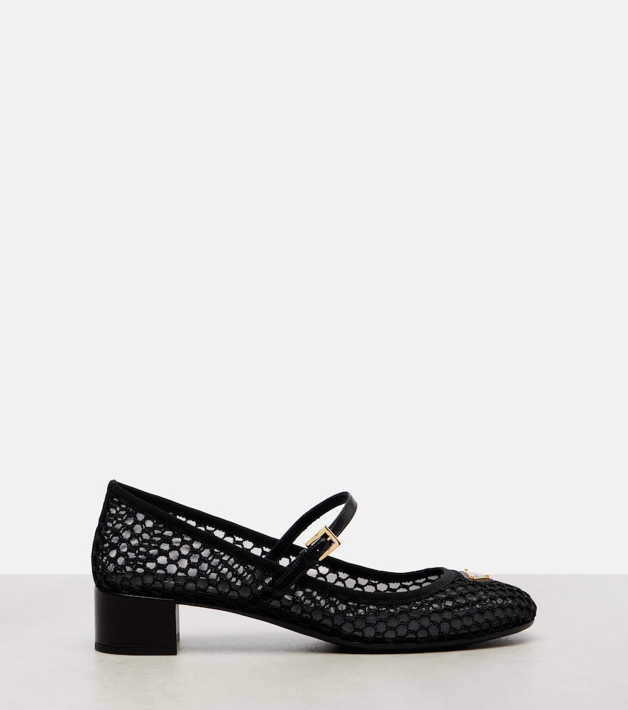 Prada Leather-trimmed mesh Mary Jane pumps (Black) - Mid Heel Pumps
