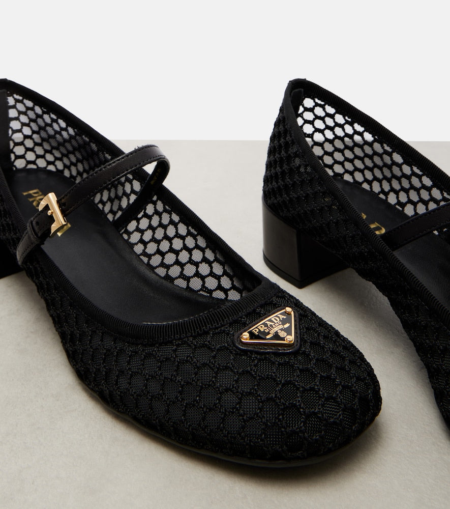 Prada Leather-trimmed mesh Mary Jane pumps (Black) - Mid Heel Pumps