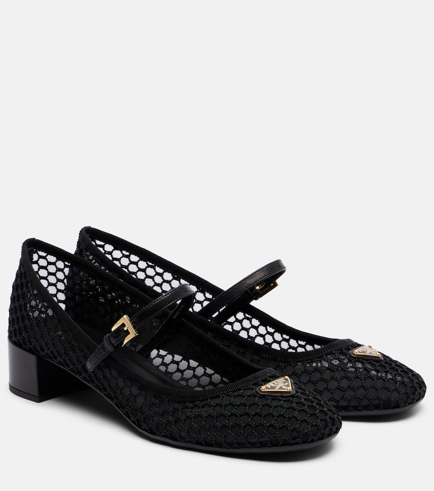 Prada Leather-trimmed mesh Mary Jane pumps (Black) - Mid Heel Pumps