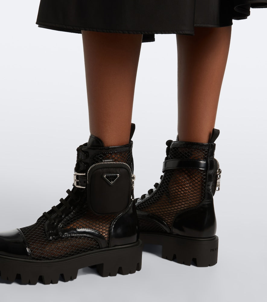 Prada Leather-trimmed mesh combat boots - Black Flat Boots