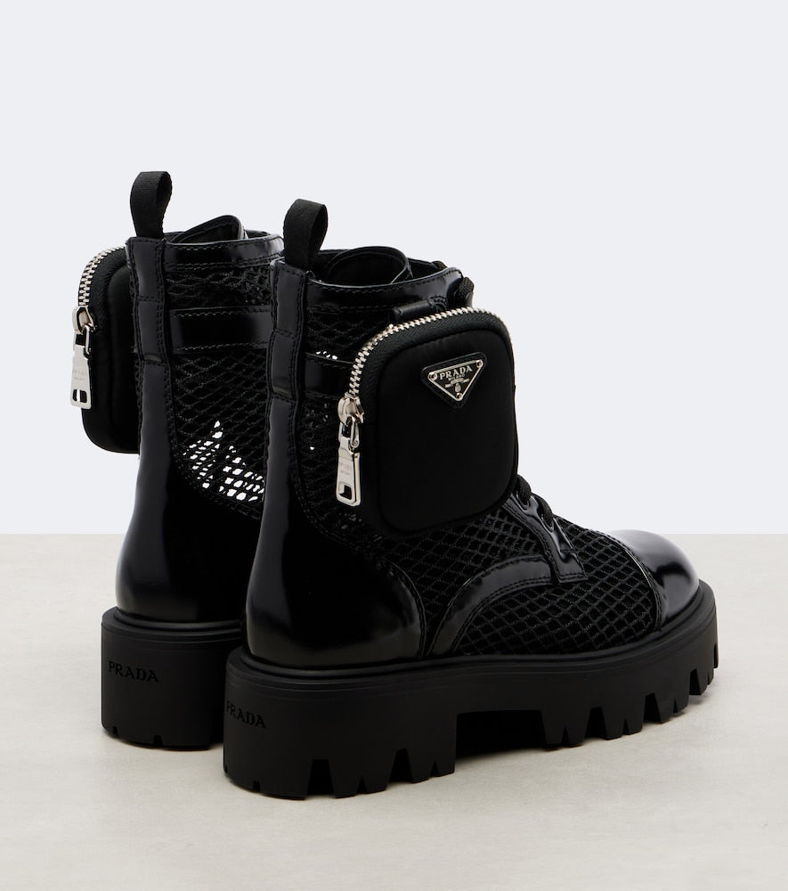 Prada Leather-trimmed mesh combat boots - Black Flat Boots