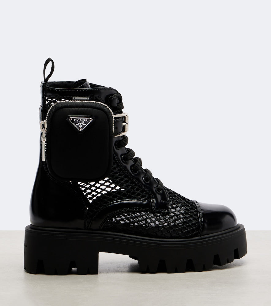 Prada Leather-trimmed mesh combat boots - Black Flat Boots
