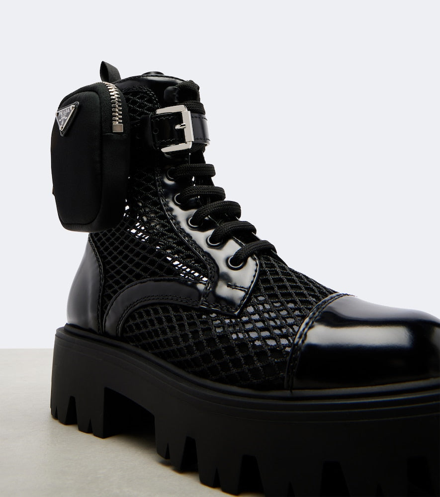 Prada Leather-trimmed mesh combat boots - Black Flat Boots