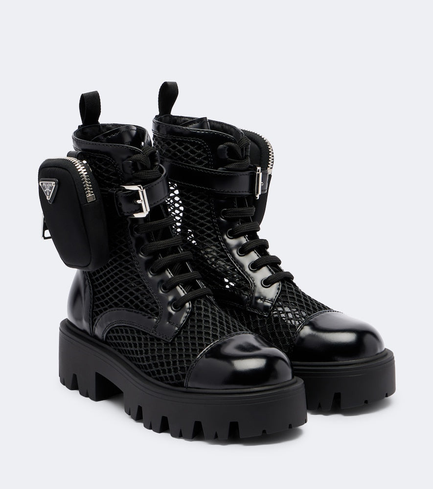 Prada Leather-trimmed mesh combat boots - Black Flat Boots