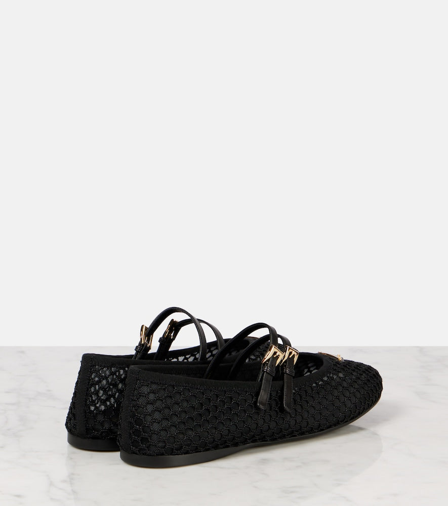 Black Prada Logo leather-trimmed mesh ballet flats - Ballerina Flats