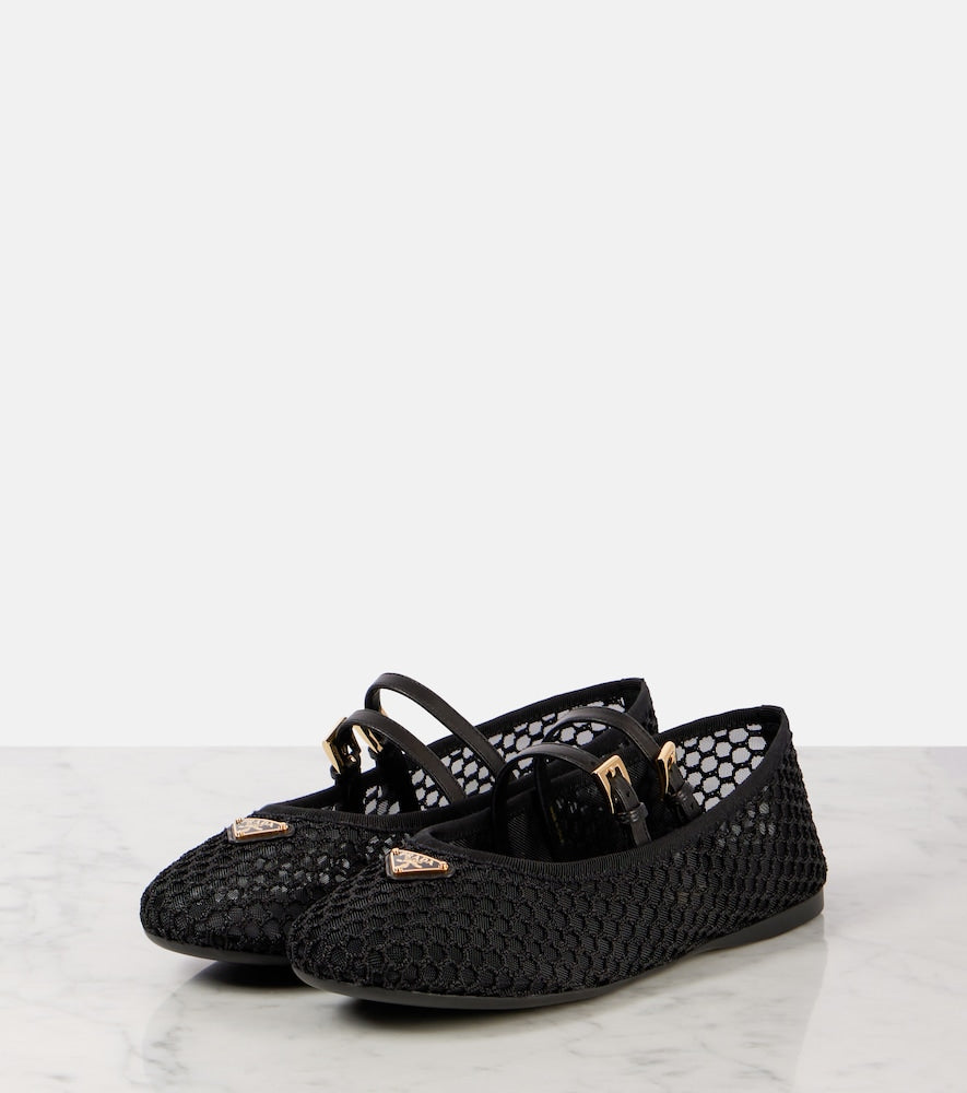 Black Prada Logo leather-trimmed mesh ballet flats - Ballerina Flats