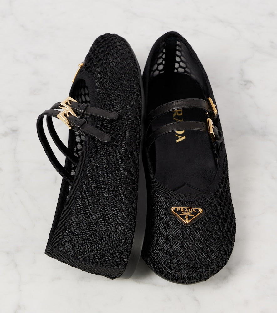 Black Prada Logo leather-trimmed mesh ballet flats - Ballerina Flats