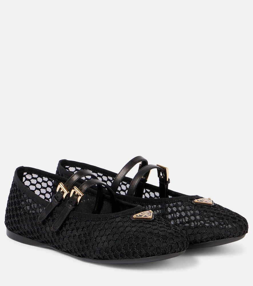 Black Prada Logo leather-trimmed mesh ballet flats - Ballerina Flats