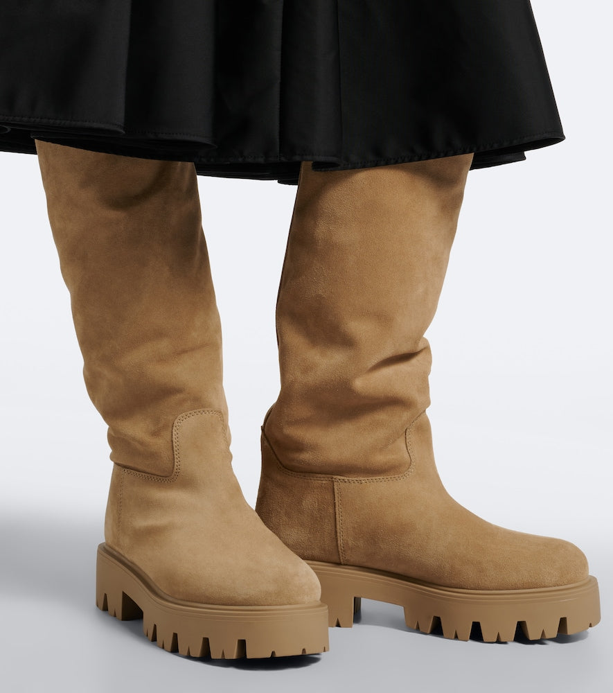 Beige Prada Shearling-lined suede knee-high boots - Flat Boots