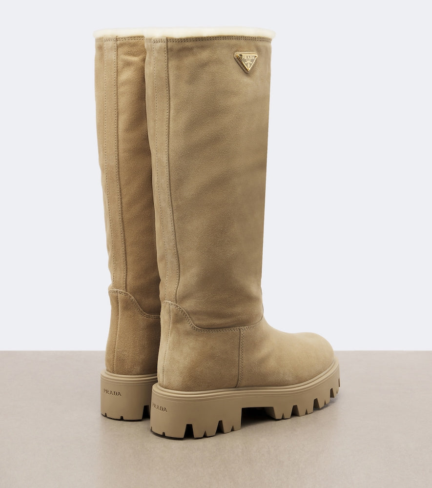 Beige Prada Shearling-lined suede knee-high boots - Flat Boots