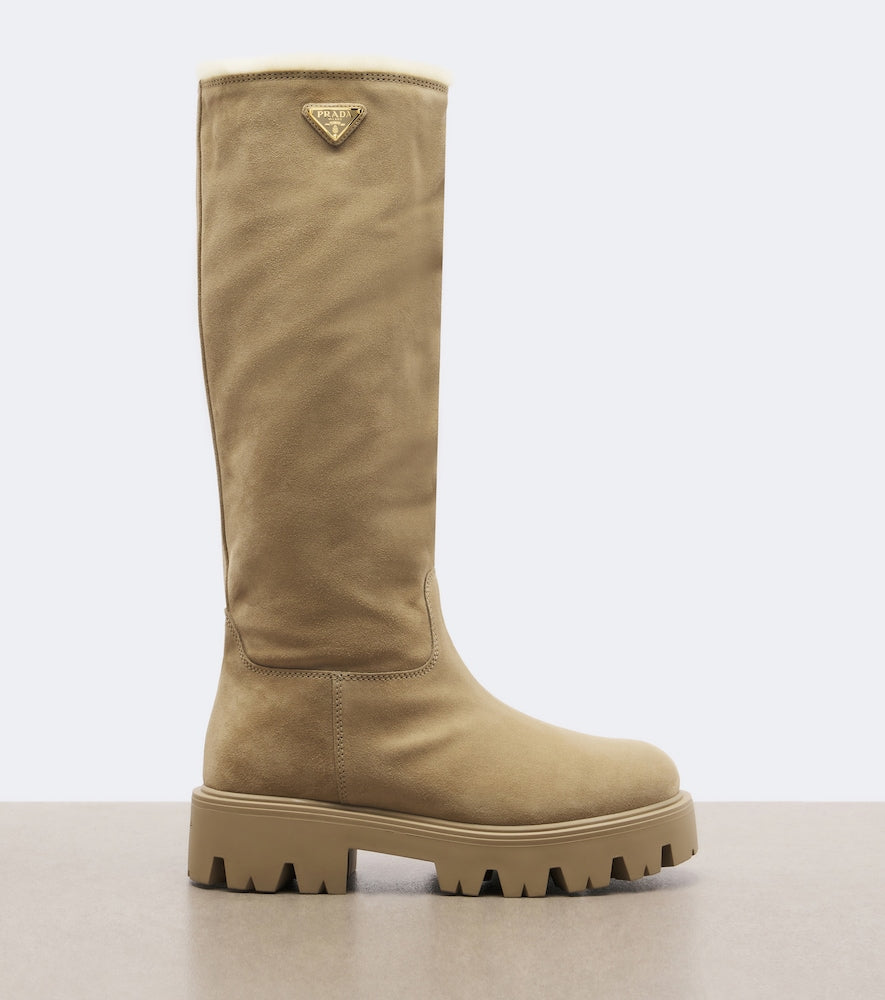 Beige Prada Shearling-lined suede knee-high boots - Flat Boots