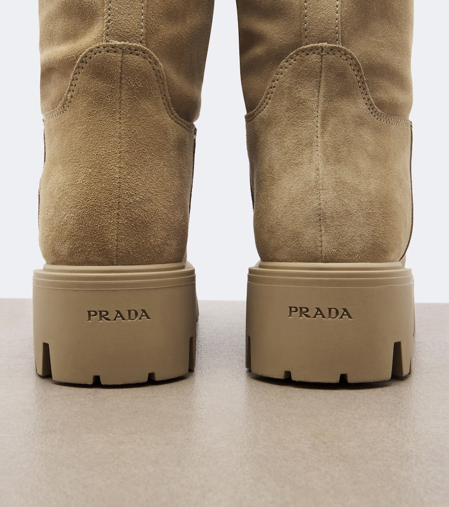 Beige Prada Shearling-lined suede knee-high boots - Flat Boots