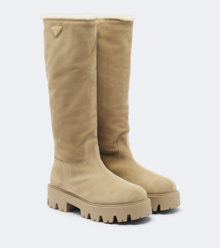 Beige Prada Shearling-lined suede knee-high boots - Flat Boots