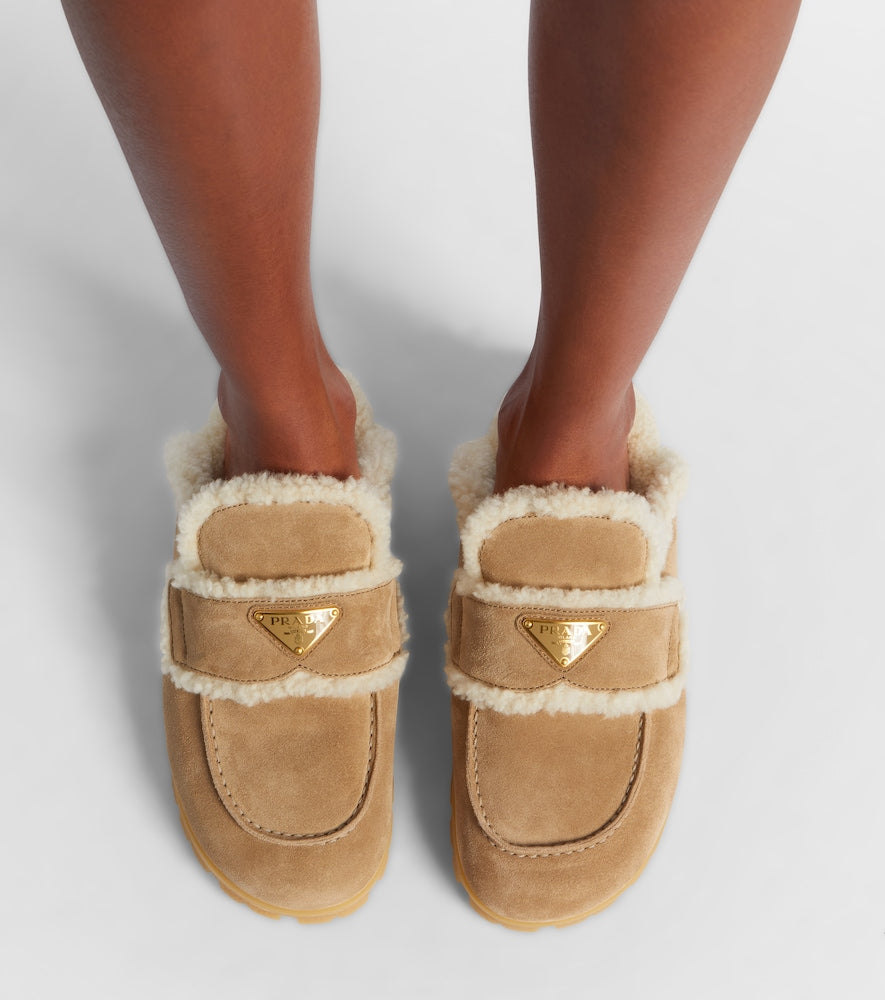 Beige Prada Shearling-lined suede mules - Mules