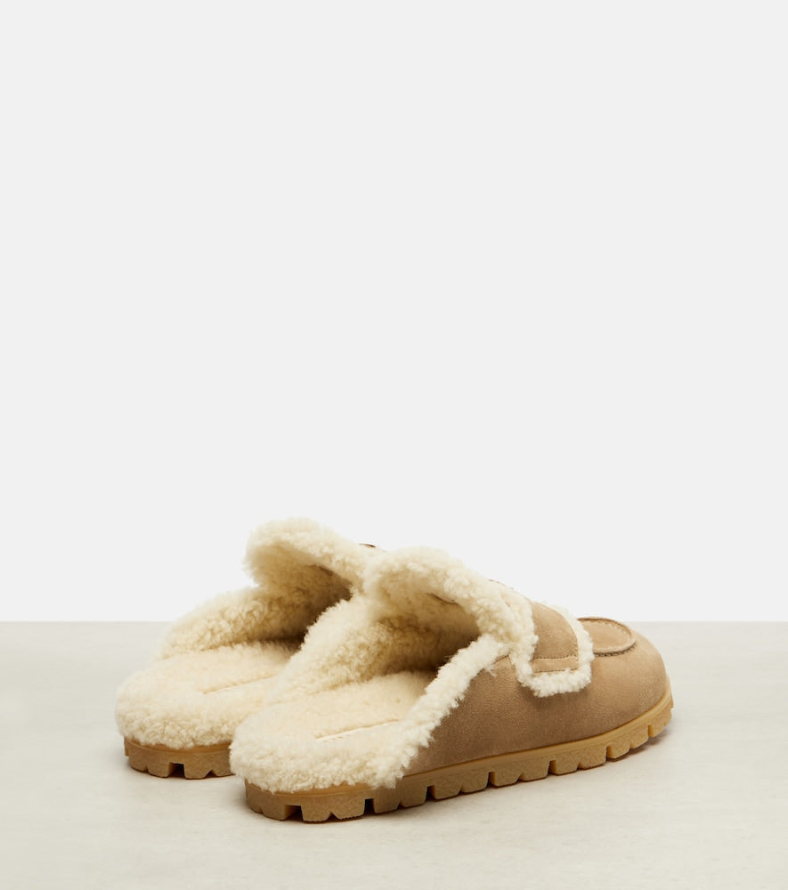 Beige Prada Shearling-lined suede mules - Mules