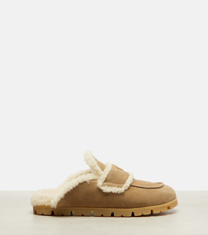 Beige Prada Shearling-lined suede mules - Mules