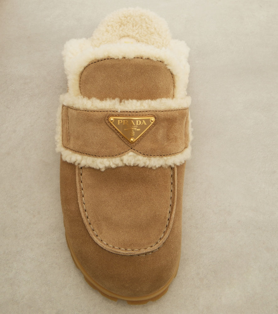 Beige Prada Shearling-lined suede mules - Mules