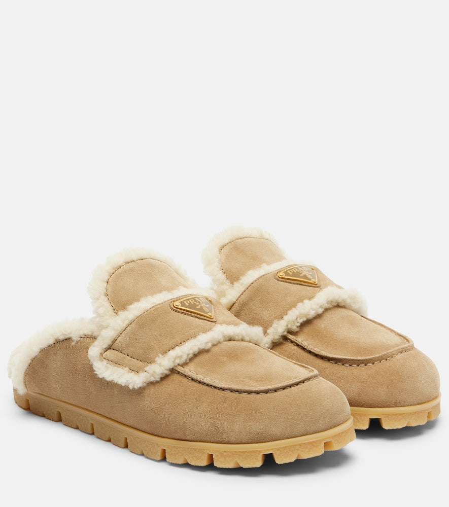 Beige Prada Shearling-lined suede mules - Mules