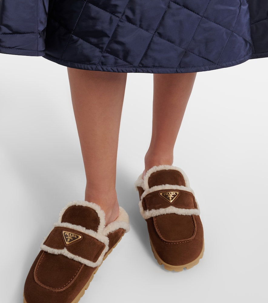 Brown Prada Shearling-lined suede mules - Mules