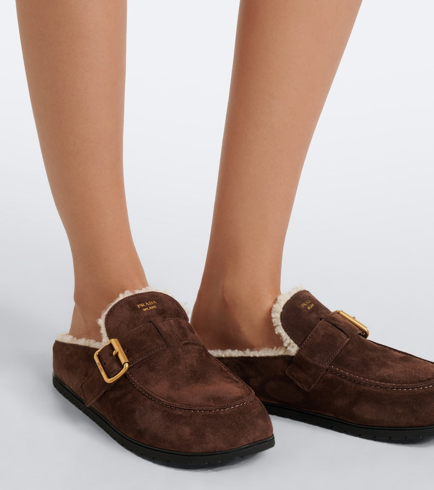 Prada Shearling-lined suede mules - Brown Mules