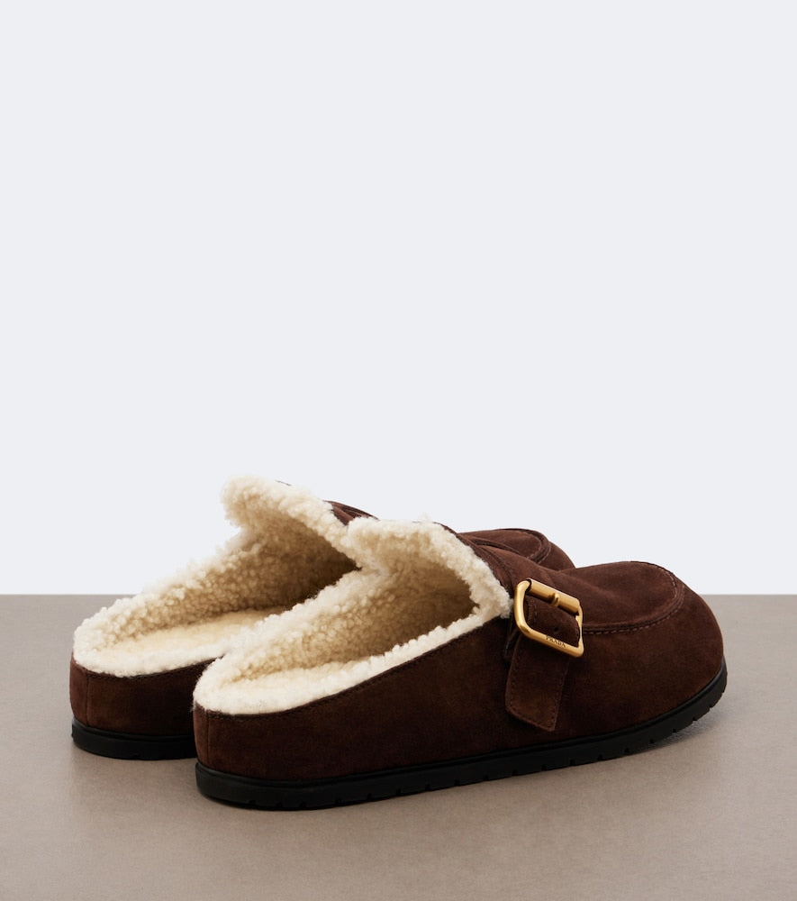 Prada Shearling-lined suede mules - Brown Mules