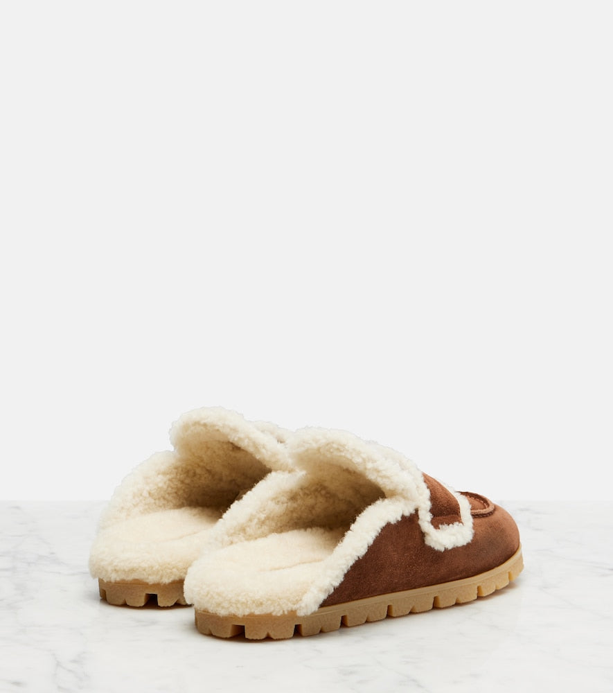 Brown Prada Shearling-lined suede mules - Mules