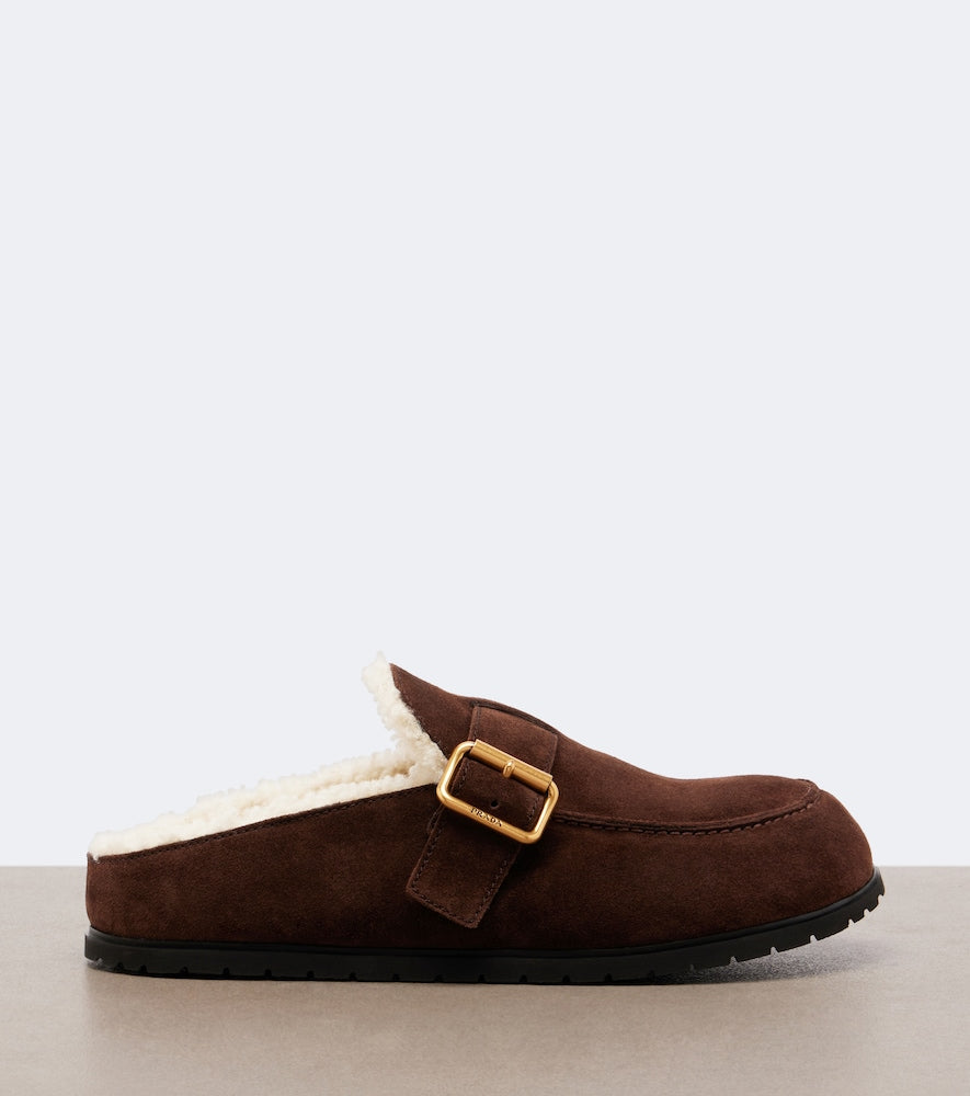 Prada Shearling-lined suede mules - Brown Mules