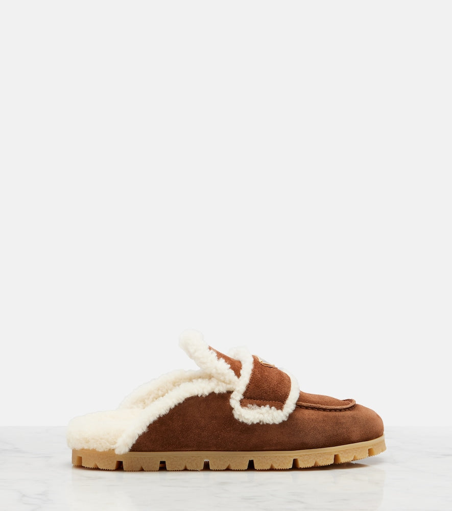 Brown Prada Shearling-lined suede mules - Mules