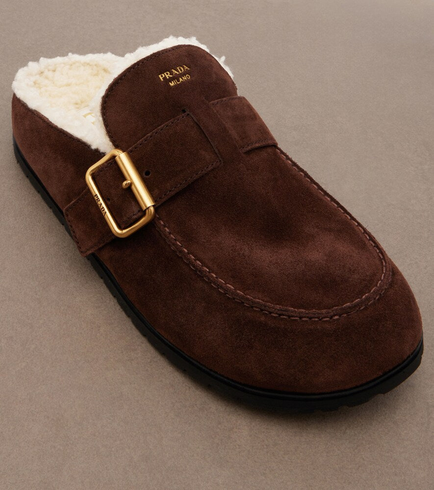Prada Shearling-lined suede mules - Brown Mules