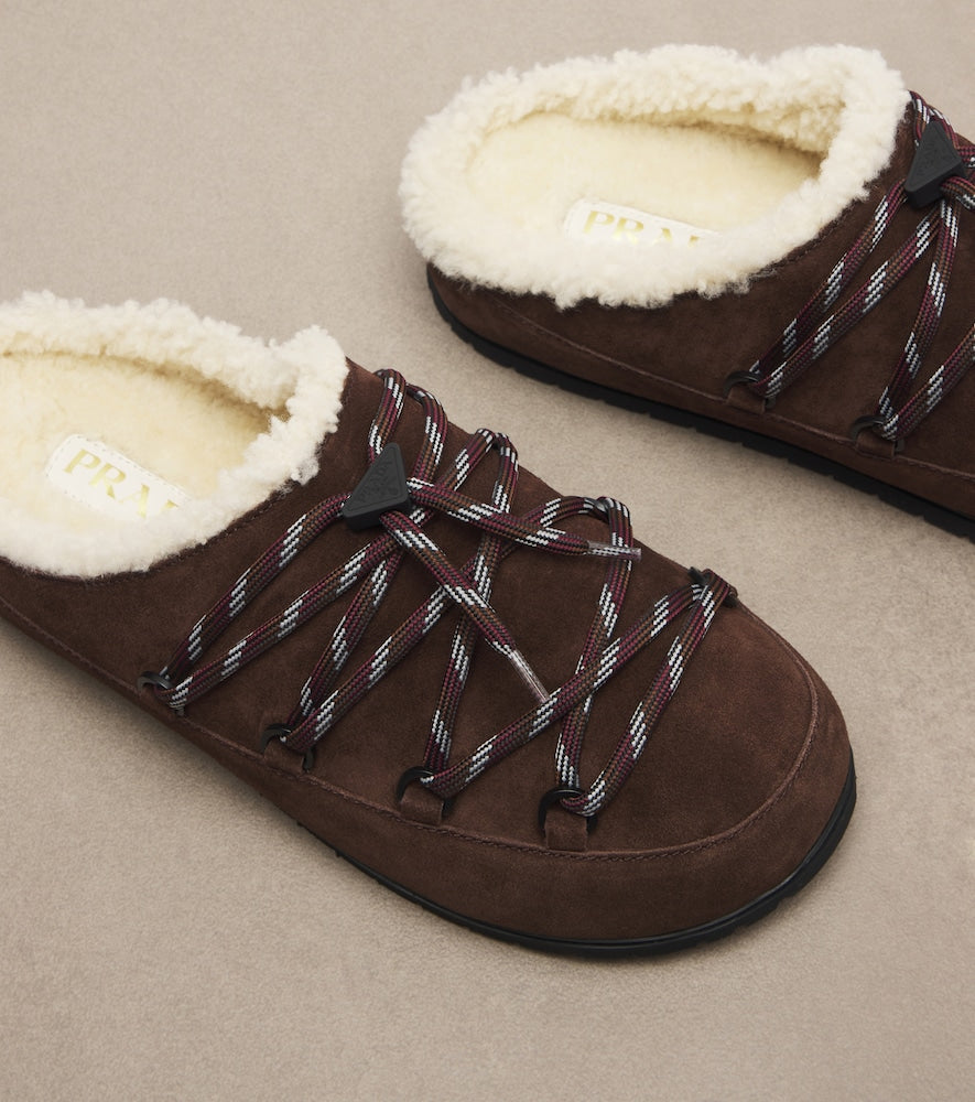 Prada Shearling-lined suede mules (Brown) - Mules
