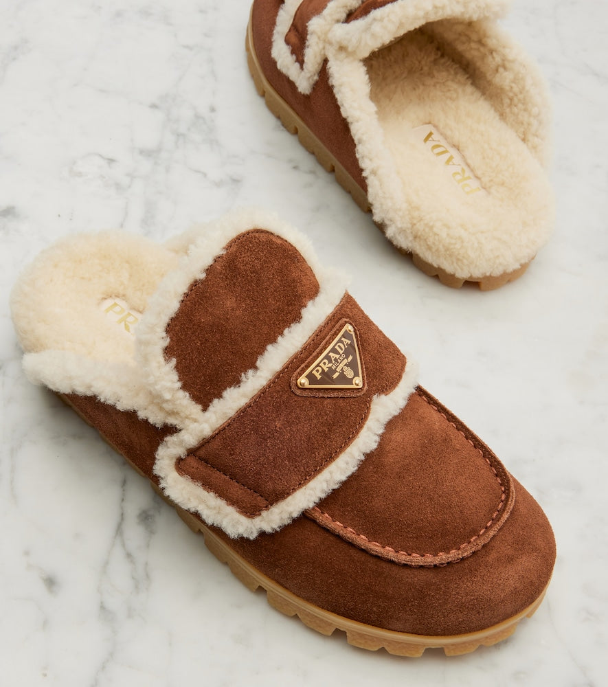Brown Prada Shearling-lined suede mules - Mules