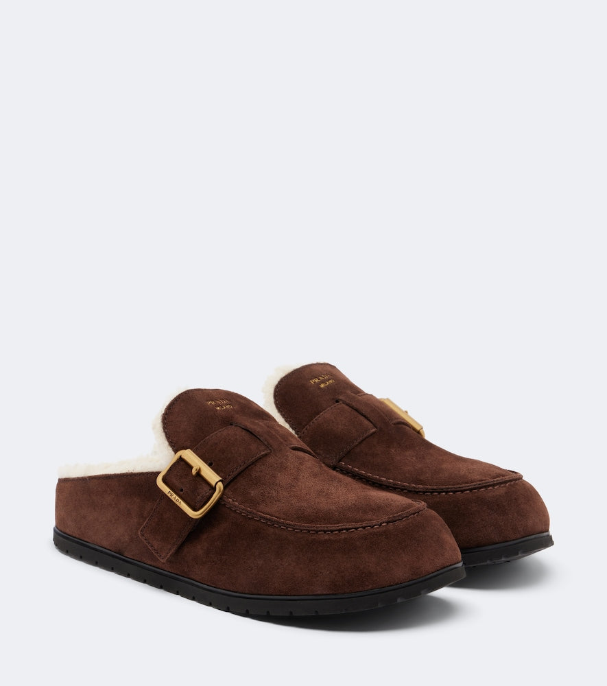Prada Shearling-lined suede mules - Brown Mules