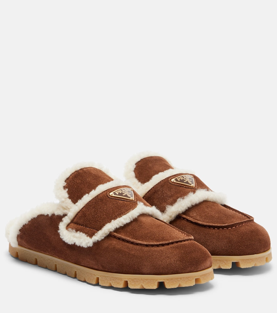 Brown Prada Shearling-lined suede mules - Mules