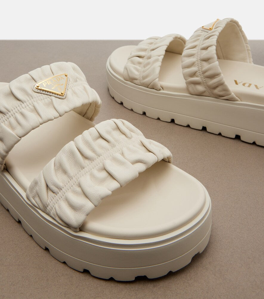 White Prada matelassé leather platform sandals - Slides