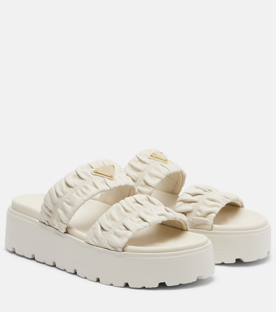 White Prada matelassé leather platform sandals - Slides