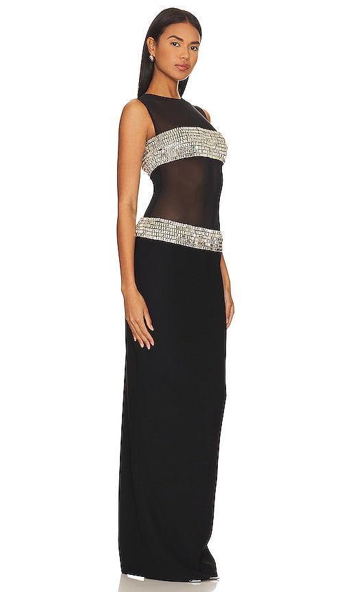 RASARIO Crystal Mesh Gown in Black