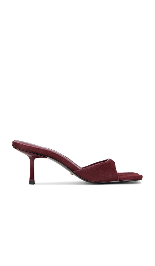 RAYE Jocey Mule in Burgundy | Oxblood Calf Hair Heeled Sandals for Women