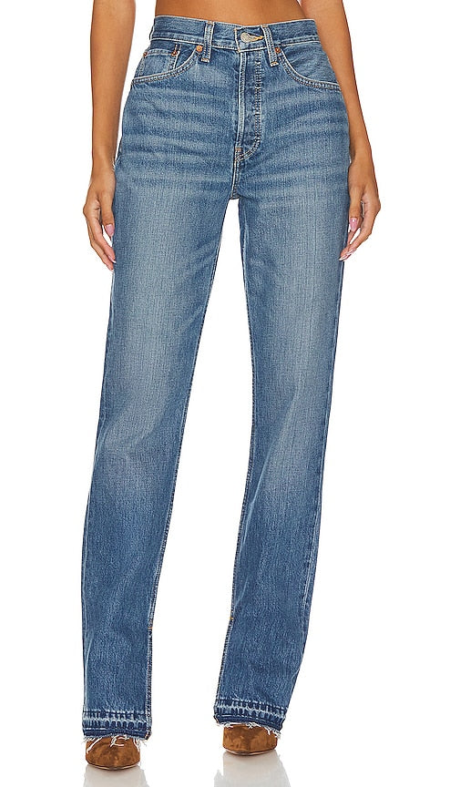 RE/DONE Originals 70s High Rise Skinny Boot in Denim-Medium