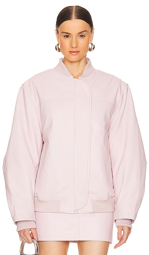 REMAIN Oversized Leather Bomber Jacket in Pink
