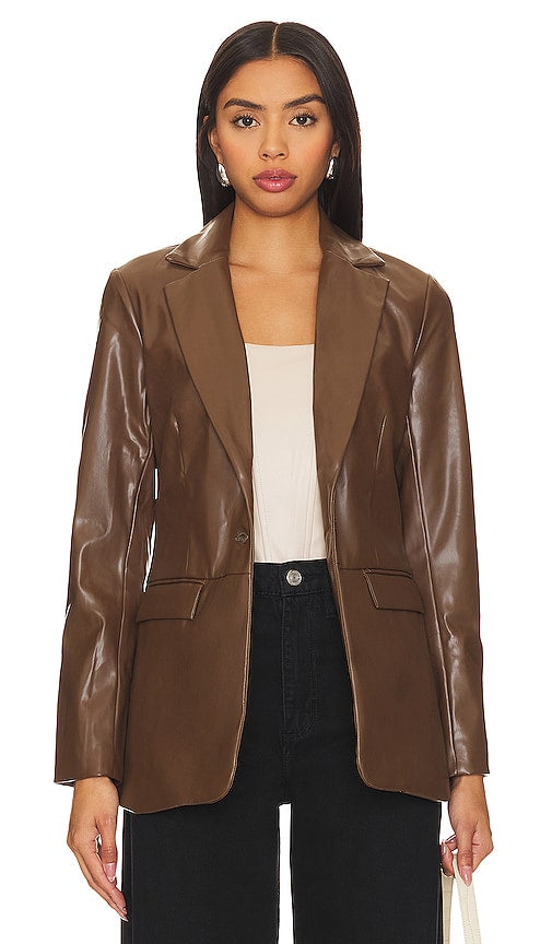 REMI x REVOLVE Chloe Faux Leather Blazer in Chocolate