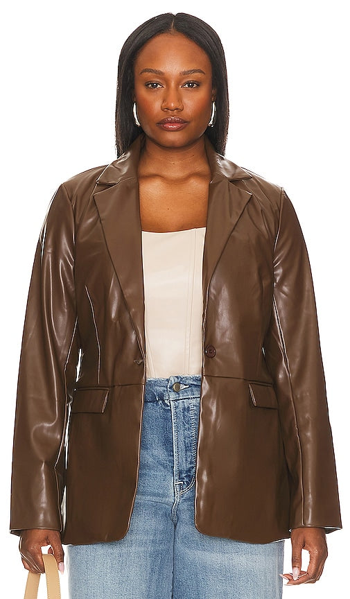 REMI x REVOLVE Chloe Faux Leather Blazer in Chocolate
