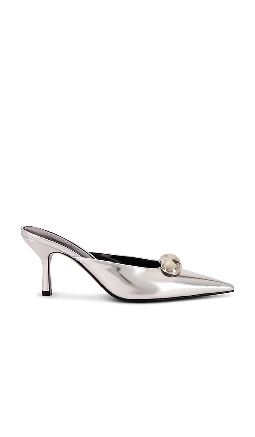 retrofete Francesca Leather Kitten Mule in Metallic Silver | Shiny Silver Closed Toe Mules for Women