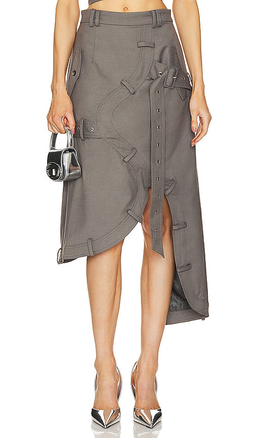 ROKH Asymmetric Belted Skirt in Taupe - Jupe asymétrique ceinturée ROKH en taupe - ROKH 灰褐色不对称束带半身裙 - ROKH Asymmetrischer Gürtelrock in Taupe - ROKH 비대칭 벨트 스커트 - Gonna asimmetrica con cintura ROKH in tortora