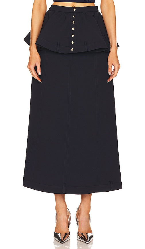 ROKH Peplum Midi Skirt in Navy - Jupe mi-longue à basque ROKH en bleu marine - ROKH 海军蓝荷叶边中长半身裙 - ROKH Schößchen-Midirock in Marineblau - ROKH 페플럼 미디 스커트 - Gonna longuette peplo ROKH in blu scuro
