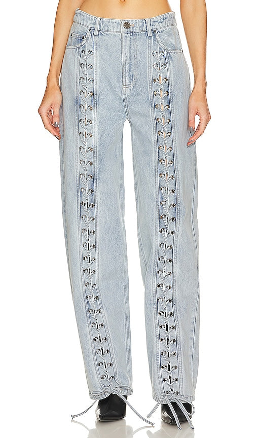 ROTATE Denim Laced Leg Pant in Blue - ROTATE Pantalon en jean à jambe lacée en bleu - ROTATE 蓝色牛仔系带裤腿 - ROTATE Denim-Schnürhose in Blau - ROTATE 데님 레이스 레그 팬츠 블루 색상 - Pantaloni con gamba allacciata in denim ROTATE in blu