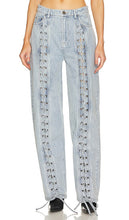 ROTATE Denim Laced Leg Pant in Blue - ROTATE Pantalon en jean à jambe lacée en bleu - ROTATE 蓝色牛仔系带裤腿 - ROTATE Denim-Schnürhose in Blau - ROTATE 데님 레이스 레그 팬츠 블루 색상 - Pantaloni con gamba allacciata in denim ROTATE in blu